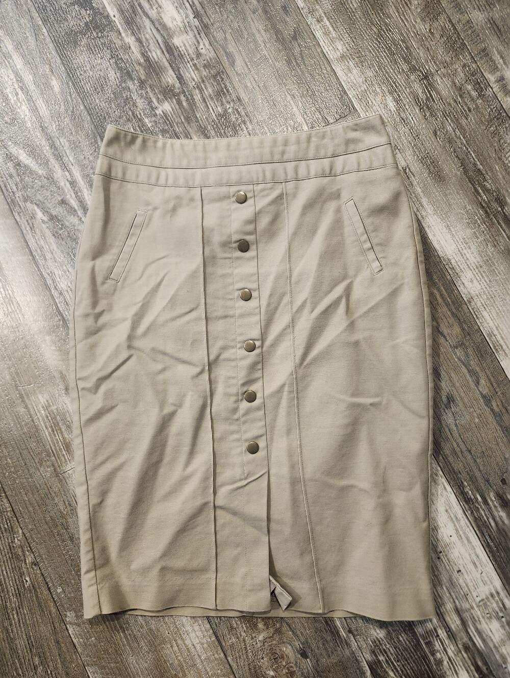 Worthington Petite Khaki Button Front Pencil Skirt | Women's 6P | Lined Business - Picture 3 of 9